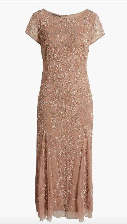 Pisarro Nights Dresses & Skirts - PISARRO NIGHTS New Beige Nude Beaded Mesh Midi Cocktail Dress Holiday NWT Sz 4